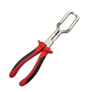 Automotive fuel line separation pliers with curved hooked jaws and red black or green black rubber grip handles, used for removing car fuel, water and urea pipe connectors.