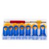 16-piece automotive tool kit in a white plastic case containing blue and yellow fuel line disconnect tools ranging from 6mm to 22mm, plus red-handled long and short valve core wrenches.