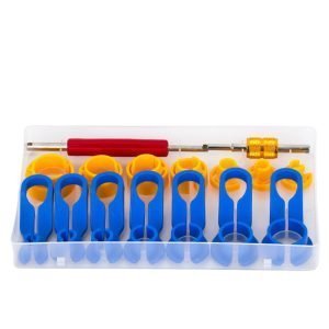 16-piece automotive tool kit in a white plastic case containing blue and yellow fuel line disconnect tools ranging from 6mm to 22mm, plus red-handled long and short valve core wrenches.