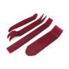 Set of four red plastic car interior trim removal pry tools including a curved bar, wide scraper, forked clip remover and long straight pry bar on a white background.