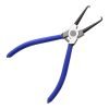 Blue handled 7 inch curved fuel line disconnect pliers with hooked black metal tips and a return spring, used for removing car gas line, fuel rail and coolant hose clips.