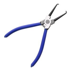 Blue handled 7 inch curved fuel line disconnect pliers with hooked black metal tips and a return spring, used for removing car gas line, fuel rail and coolant hose clips.