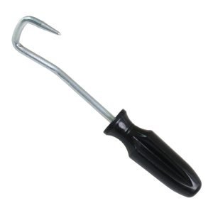 Black handled automotive hose removal hook with a curved hard steel pointed tip, 190mm long, used for pulling stuck coolant and fuel hoses off metal fittings.