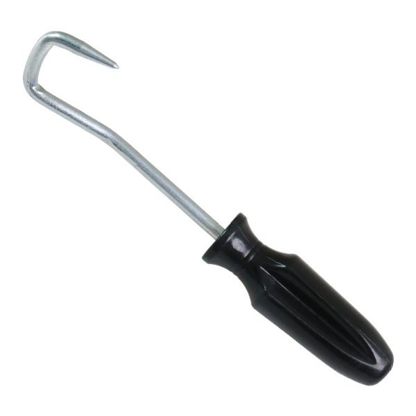 Black handled automotive hose removal hook with a curved hard steel pointed tip, 190mm long, used for pulling stuck coolant and fuel hoses off metal fittings.