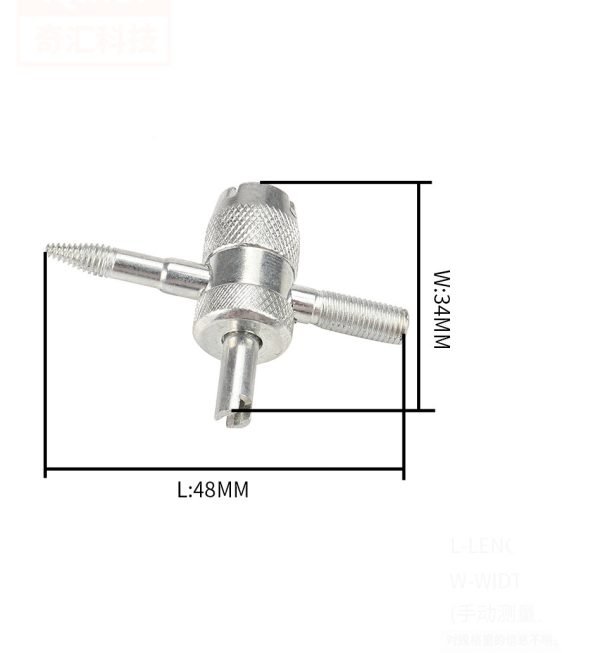 Silver 4-in-1 knurled valve core tool with a pointed threaded tip and six red rubber tire valve cores laid out below, used for car, truck, motorcycle and bike tires.