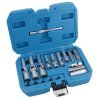Open blue case displaying an 18-piece chrome vanadium flexible socket set organized by size.