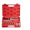 Open red case displaying an 11-piece valve stem seal tool kit with black pliers and chrome adapters organized by size.