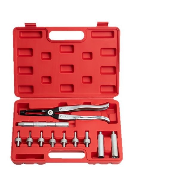 Open red case displaying an 11-piece valve stem seal tool kit with black pliers and chrome adapters organized by size.