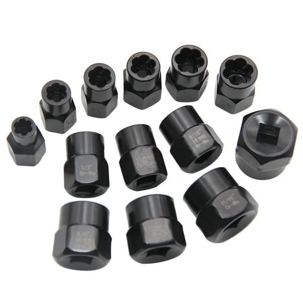 Flat lay of all 13 pieces separated by type, showing the internal damaged bolt extractors (#5-#10) and the external damaged nut extractors.