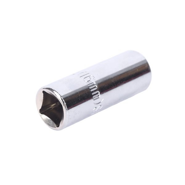A single 16mm chrome spark plug socket with a 1/2" drive base, displayed against a white background, showcasing its heavy build and mirror polish.