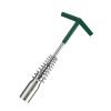 T-handle spark plug wrench with green handle and silver spring guard, displayed diagonally on a dark background.