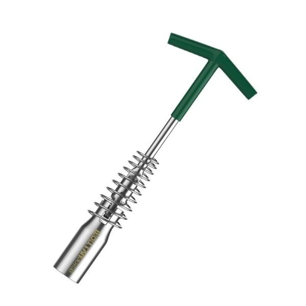 T-handle spark plug wrench with green handle and silver spring guard, displayed diagonally on a dark background.