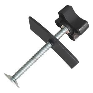 Full view of the black and silver brake caliper press tool showing the cross-handle and curved pressure plate.