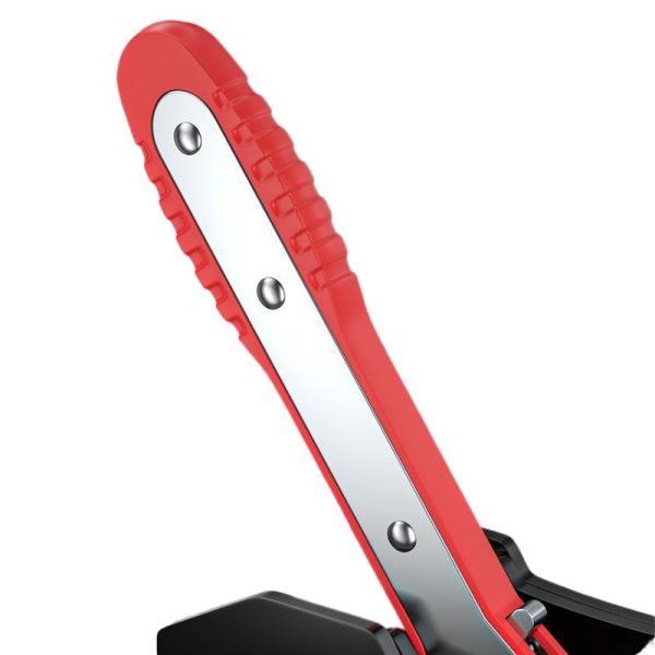 Full view of the red and black ratcheting brake caliper spreader with its two magnetic plates.