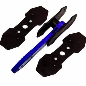 Top-down view of the blue ratcheting brake spreader tool and the two separate black steel contact cards laid out on a clean white background.