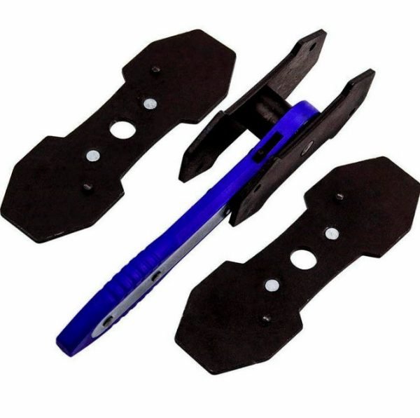 Top-down view of the blue ratcheting brake spreader tool and the two separate black steel contact cards laid out on a clean white background.