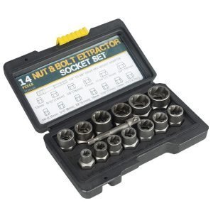 Open black case showing 14-piece nut and bolt extractor set with yellow latch, displaying various sizes from 8mm to 19mm and included adapter.