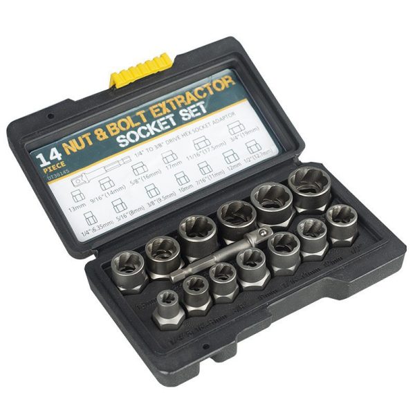 Open black case showing 14-piece nut and bolt extractor set with yellow latch, displaying various sizes from 8mm to 19mm and included adapter.