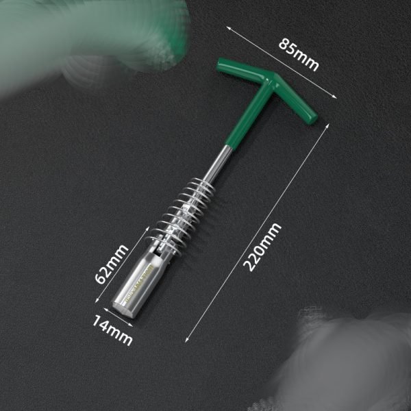 T-handle spark plug wrench with green handle and silver spring guard, displayed diagonally on a dark background.
