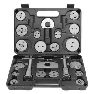 Open black blow-molded case displaying the complete 22-piece heavy-duty brake caliper wind-back tool set with specialized adapters.