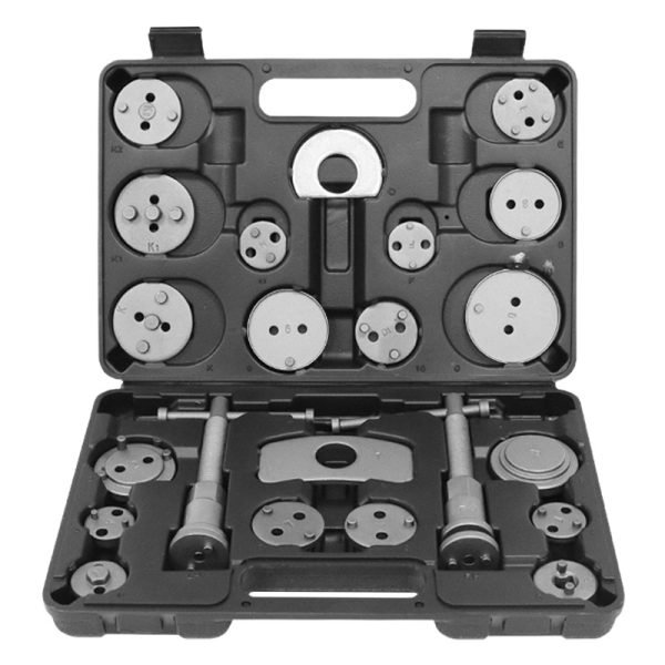 Open black blow-molded case displaying the complete 22-piece heavy-duty brake caliper wind-back tool set with specialized adapters.