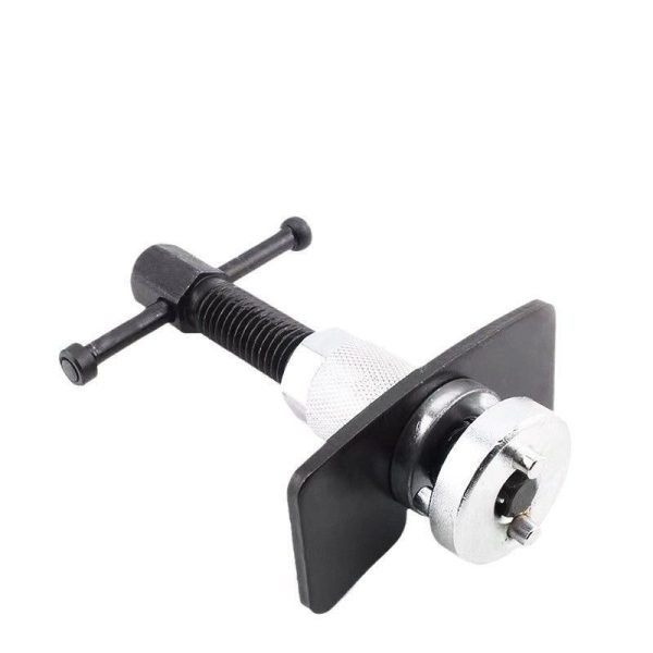 Complete 3-piece brake caliper wind-back tool set displayed clearly, showing the main tool, black backing plate, and chrome adapter.