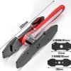 Full view of the red and black ratcheting brake caliper spreader with its two magnetic plates.