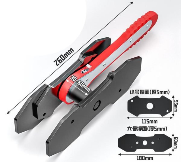 Full view of the red and black ratcheting brake caliper spreader with its two magnetic plates.