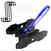 Top-down view of the blue ratcheting brake spreader tool and the two separate black steel contact cards laid out on a clean white background.