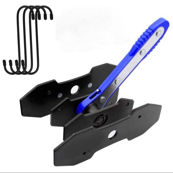 Top-down view of the blue ratcheting brake spreader tool and the two separate black steel contact cards laid out on a clean white background.