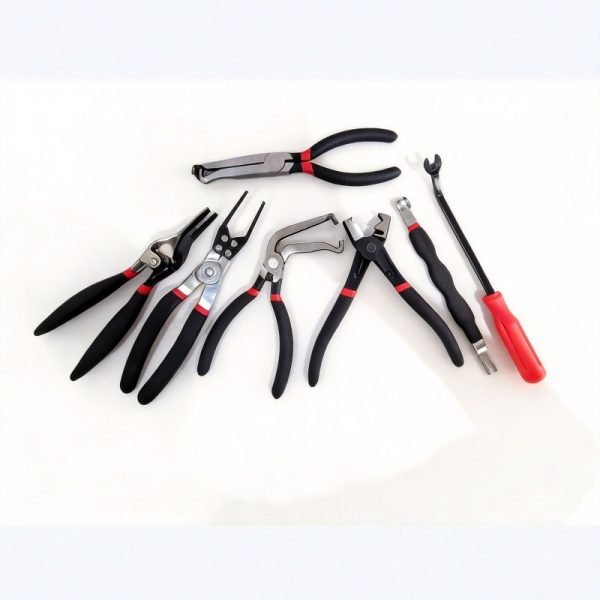 9-piece red and black automotive repair tool set featuring long nose pliers, hose clamp pliers, cutters, and a black anti-slip mechanic glove arranged on a white background.
