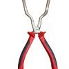 Automotive fuel line separation pliers with curved hooked jaws and red black or green black rubber grip handles, used for removing car fuel, water and urea pipe connectors.