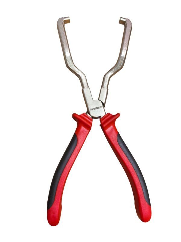 Automotive fuel line separation pliers with curved hooked jaws and red black or green black rubber grip handles, used for removing car fuel, water and urea pipe connectors.