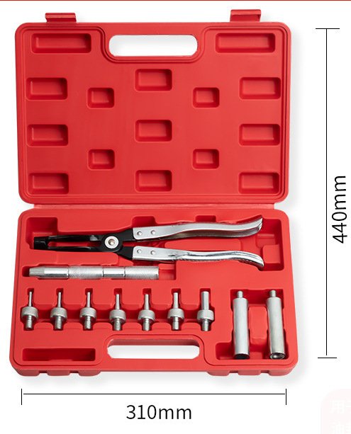 Open red case displaying an 11-piece valve stem seal tool kit with black pliers and chrome adapters organized by size.
