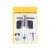 Complete 3-piece brake caliper wind-back tool set displayed clearly, showing the main tool, black backing plate, and chrome adapter.
