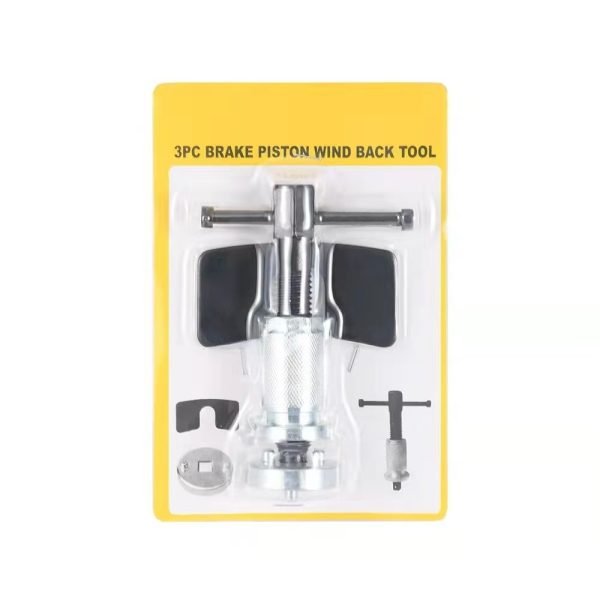 Complete 3-piece brake caliper wind-back tool set displayed clearly, showing the main tool, black backing plate, and chrome adapter.