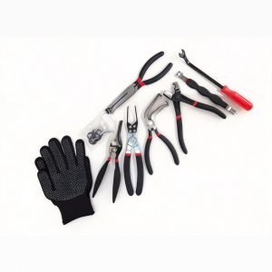 9-piece red and black automotive repair tool set featuring long nose pliers, hose clamp pliers, cutters, and a black anti-slip mechanic glove arranged on a white background.