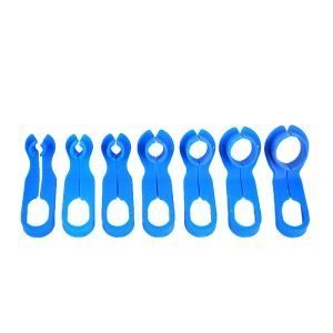 Set of 7 blue plastic fuel line disconnect tools in various sizes ranging from 1/4 inch to 7/8 inch, used for removing automotive quick release connectors and AC lines.