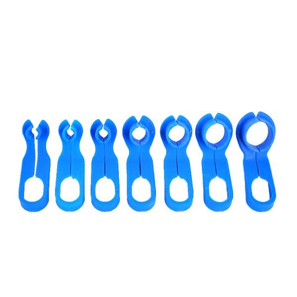 Set of 7 blue plastic fuel line disconnect tools in various sizes ranging from 1/4 inch to 7/8 inch, used for removing automotive quick release connectors and AC lines.