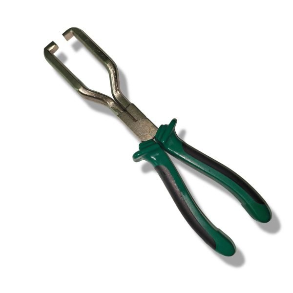 Automotive fuel line separation pliers with curved hooked jaws and red black or green black rubber grip handles, used for removing car fuel, water and urea pipe connectors.