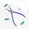 Blue handled 7 inch curved fuel line disconnect pliers with hooked black metal tips and a return spring, used for removing car gas line, fuel rail and coolant hose clips.
