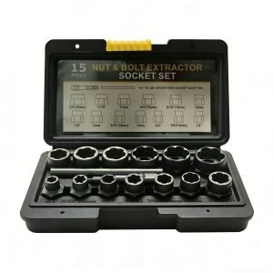 Open black case showing 15-piece nut & bolt extractor socket set with yellow latch, organized molded compartments, and included drive adapter.