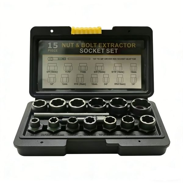 Open black case showing 15-piece nut & bolt extractor socket set with yellow latch, organized molded compartments, and included drive adapter.