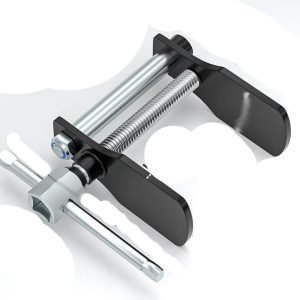 Full view of the silver and black duck-jaw brake caliper spreader showing the T-handle and wide jaw opening.