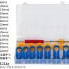16-piece automotive tool kit in a white plastic case containing blue and yellow fuel line disconnect tools ranging from 6mm to 22mm, plus red-handled long and short valve core wrenches.