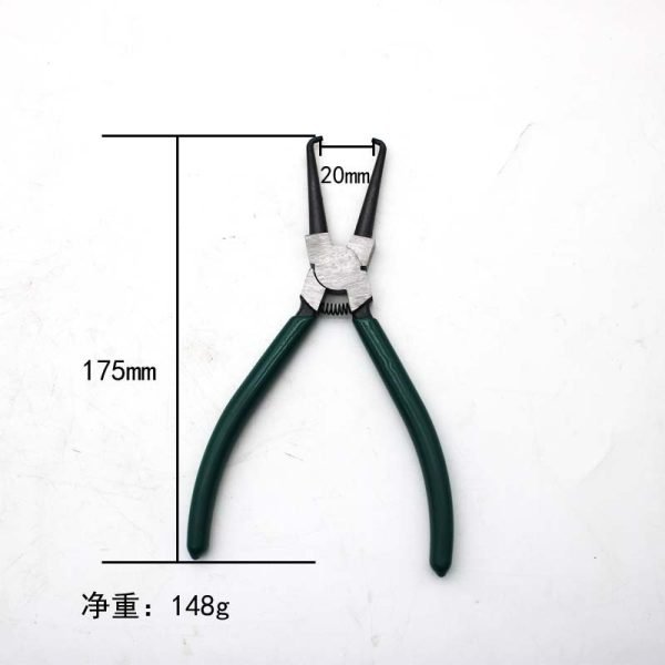 Green handled 7 inch fuel line separation pliers with curved hooked metal jaws and a return spring, measuring 175mm long, used for removing car fuel and coolant line clips.