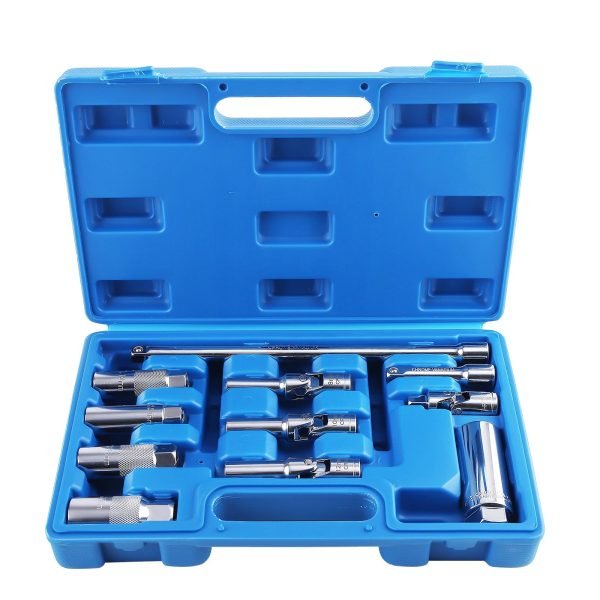 Full layout of the 11-piece chrome vanadium socket set, including flex-head universal joints, deep spark plug sockets, extension bars, and a spark plug extractor tool on a white background.