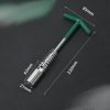 T-handle spark plug wrench with green handle and silver spring guard, displayed diagonally on a dark background.