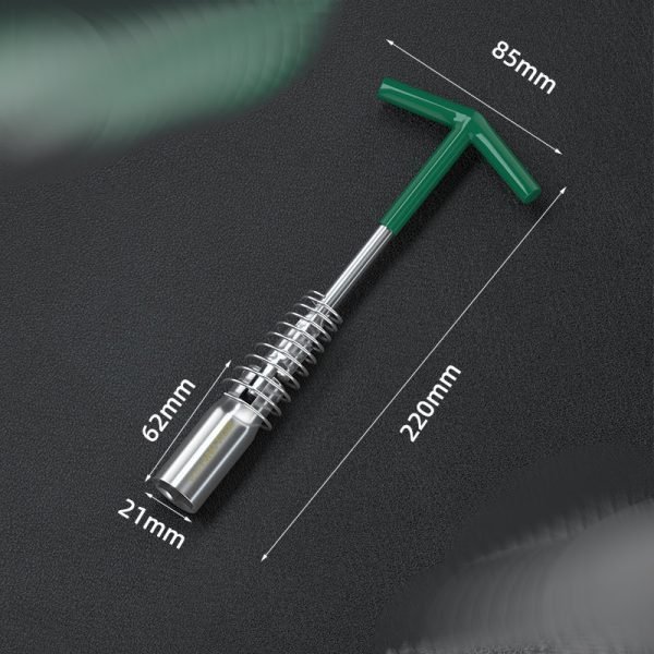 T-handle spark plug wrench with green handle and silver spring guard, displayed diagonally on a dark background.