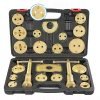 Open black blow-molded case displaying the complete 22-piece gold-plated brake caliper wind-back tool set.
